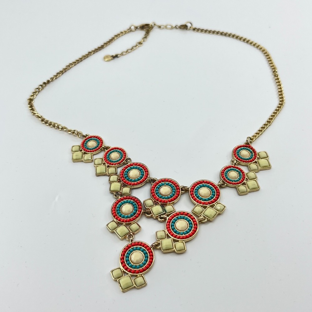 Vintage 80s Boho Geometric Statement Necklace Red Turquoise Color Gold Tone Bib - Picture 6 of 13
